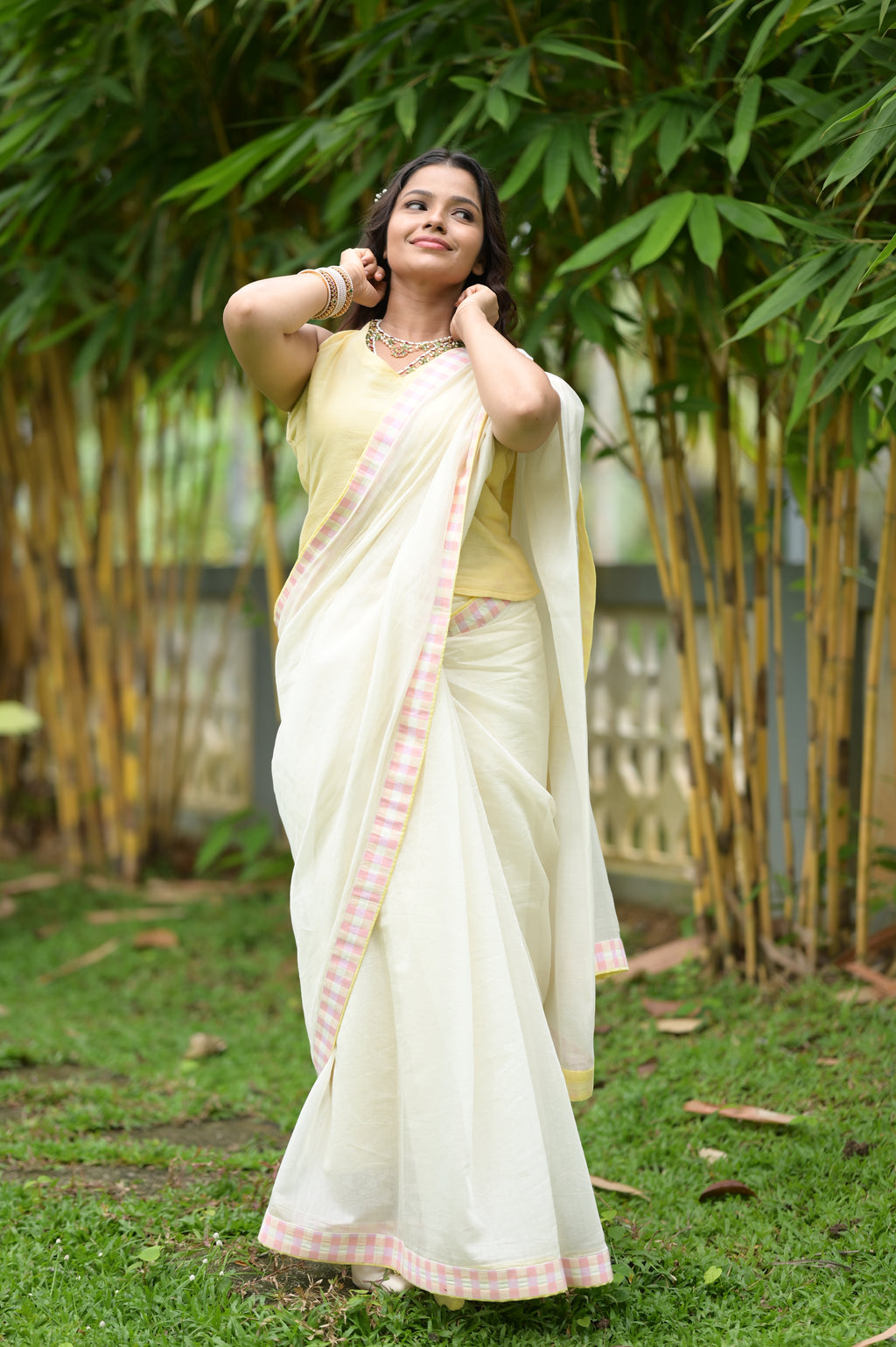 PASTEL CHECKED BORDER SAREE — RUAA009