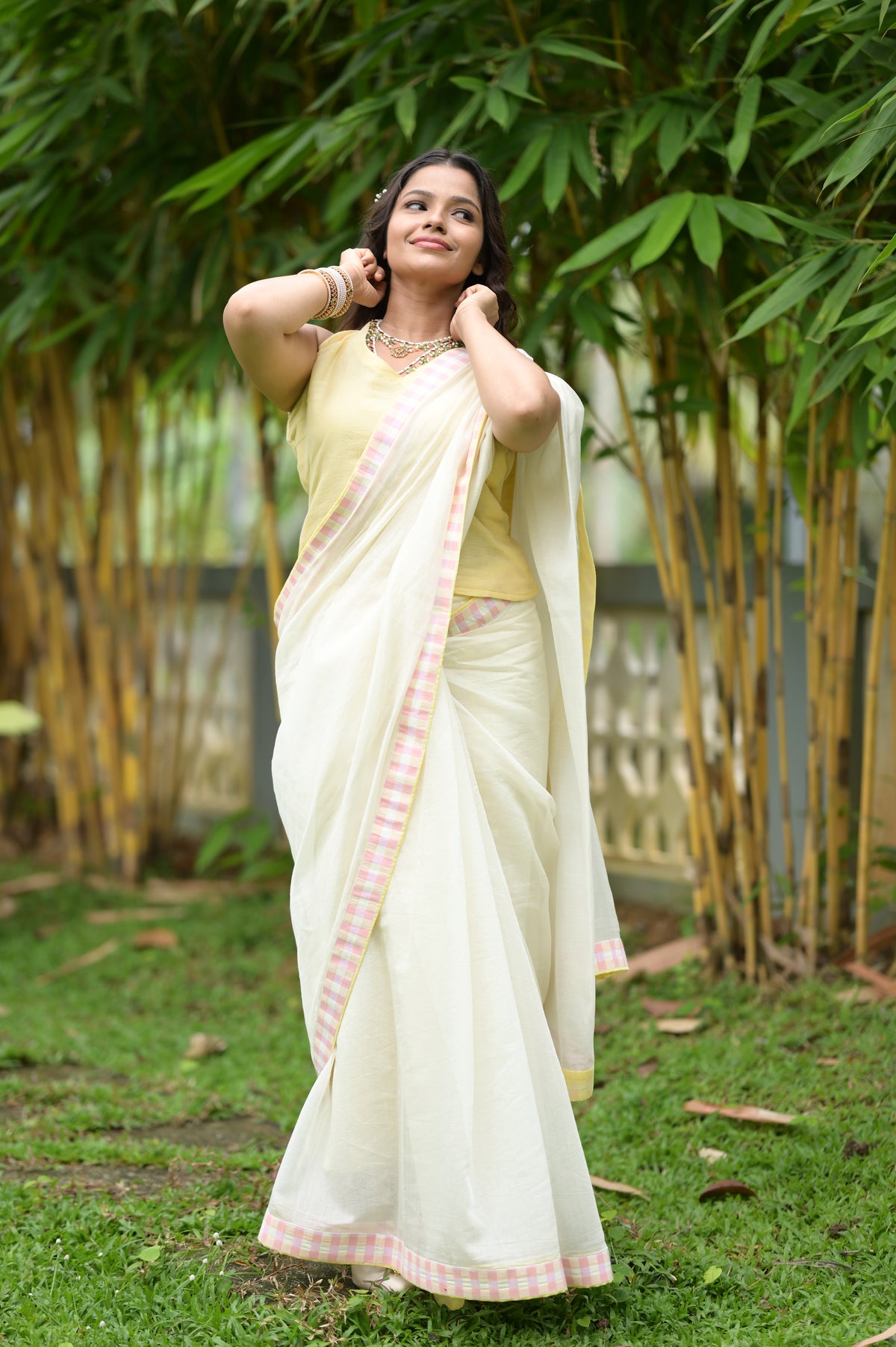 PASTEL CHECKED BORDER SAREE — RUAA009