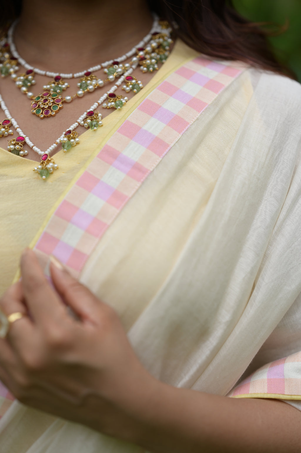 PASTEL CHECKED BORDER SAREE — RUAA009