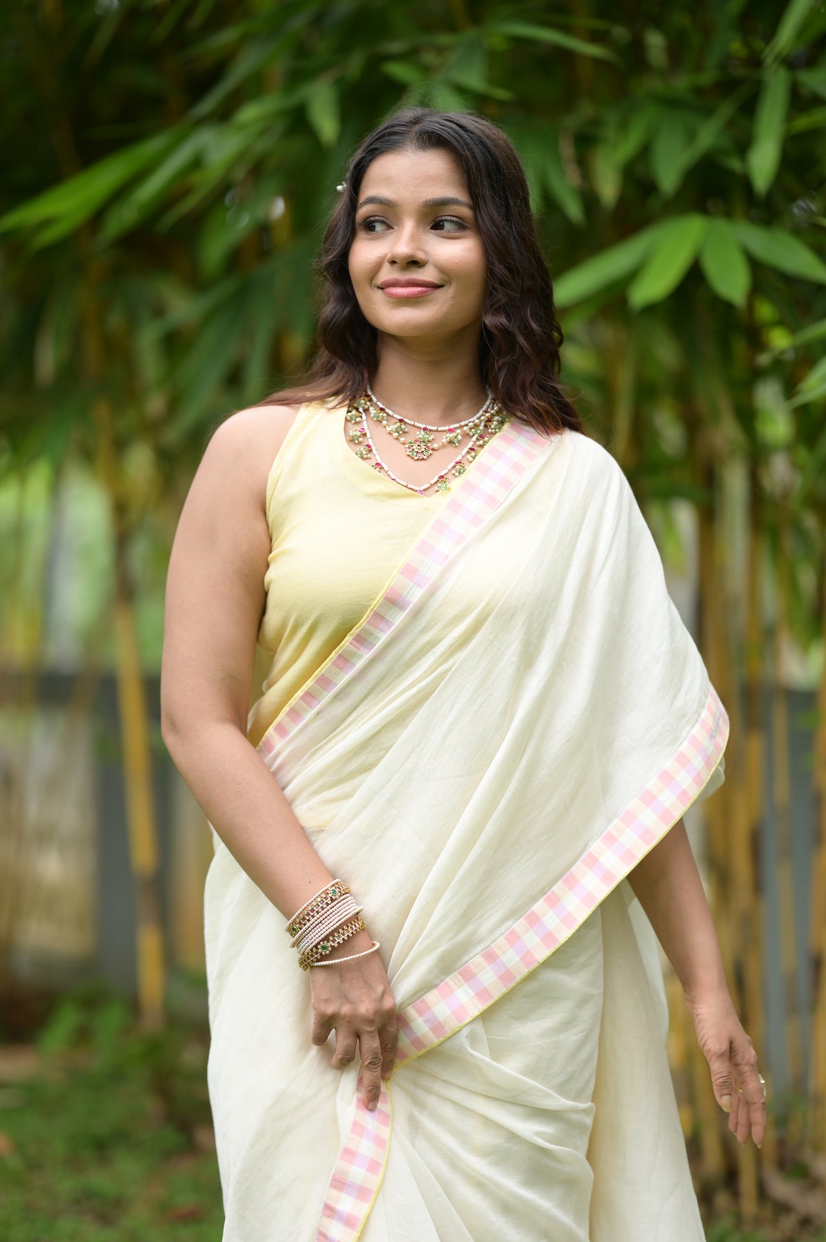 PASTEL CHECKED BORDER SAREE — RUAA009