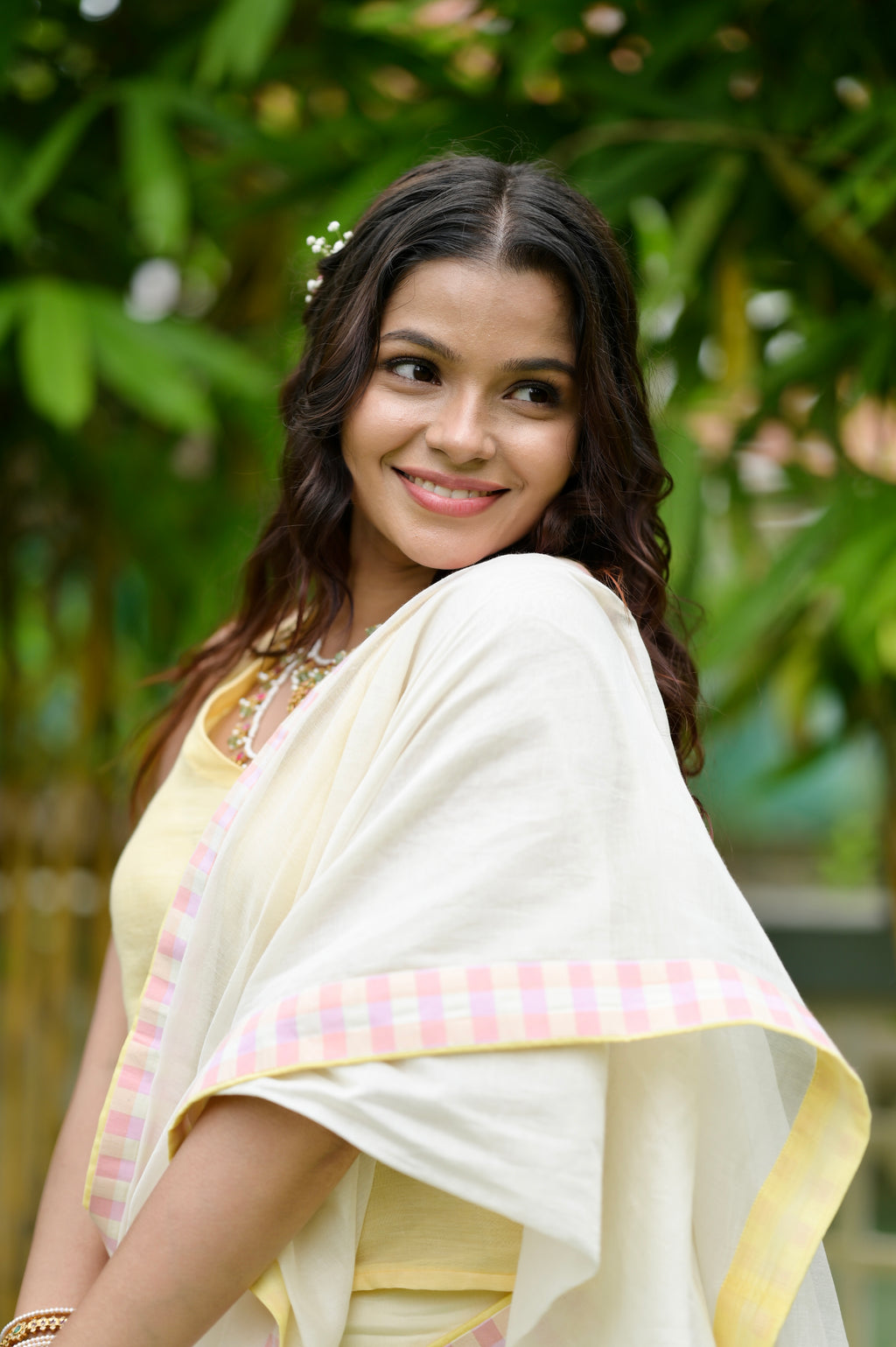PASTEL CHECKED BORDER SAREE — RUAA009